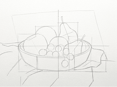 Stage two of the bowl of fruit tutorial showing the central axis and basic oval sub-shapes.