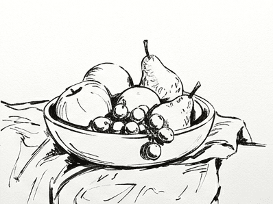 Stage six of the bowl of fruit tutorial showing inked outlines around the cast and core shadow shapes.