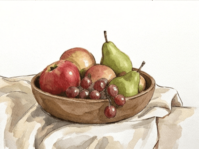 Stage eight of the bowl of fruit tutorial showing mid-tone shadow washes inside the inked shadow shapes.