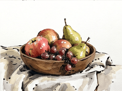 Stage nine of the bowl of fruit tutorial showing final ink accents in the deepest shadow areas.