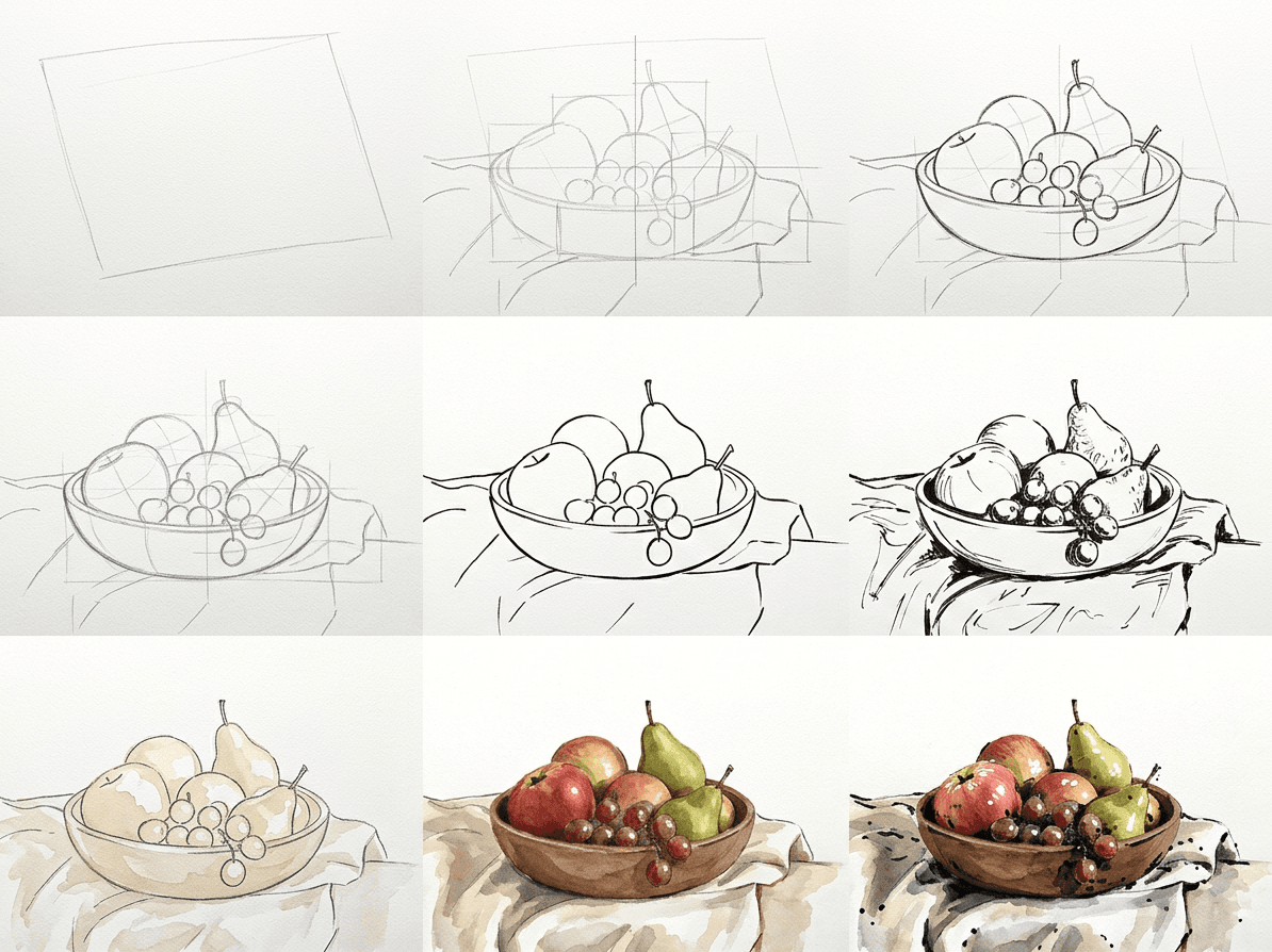 Loose ink and watercolor still life of a fruit bowl