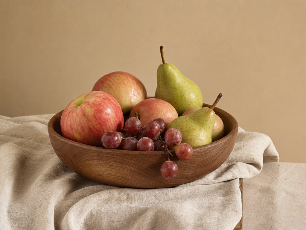 Photoreal reference of a wooden bowl with apples, pears, and grapes lit by soft window light.