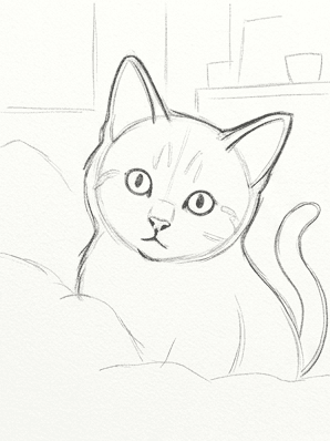 Pencil sketch with two ears, a curled tail, and a soft fur contour added