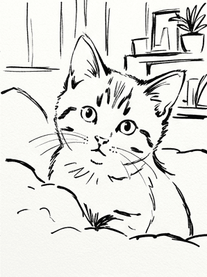 Clean ink line drawing of the kitten with all pencil marks erased