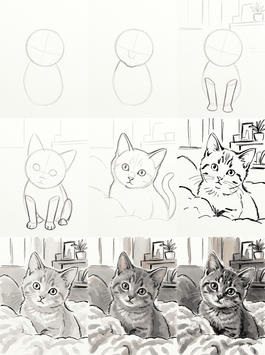 Loose ink and watercolor sketch of a grey kitten