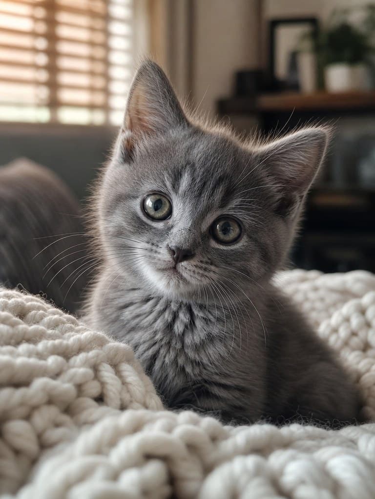 Photoreal grey kitten sitting on a knit blanket in soft window light