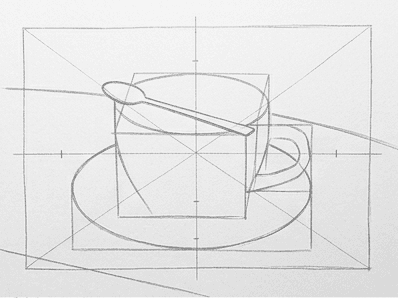 2nd step of the how to draw a coffee cup tutorial: block in axis and sub-shapes.