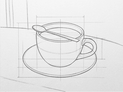 3rd step of the how to draw a coffee cup tutorial: refine proportions and ellipse axes.