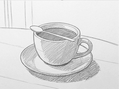 7th step of the how to draw a coffee cup tutorial: hatch the shadow shapes.
