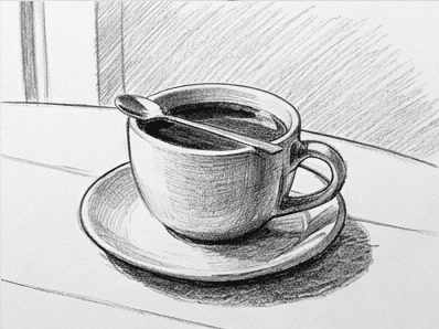 9th step of the how to draw a coffee cup tutorial: deepen darks and edges.
