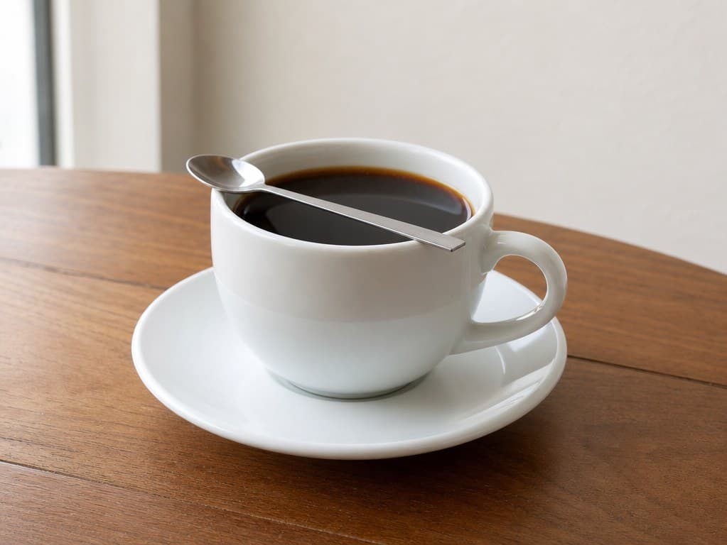 Photoreal reference photo of a ceramic coffee mug, saucer, and small spoon under soft window light.