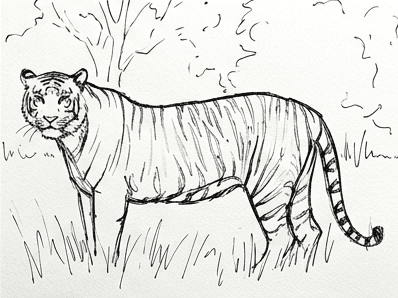 6th step of the how to draw a tiger tutorial: erase pencil, loose ink line.