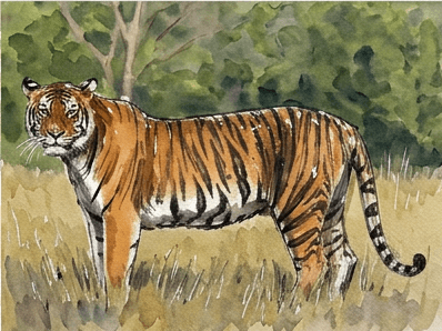 9th step of the how to draw a tiger tutorial: deepen shadows with ink accents.