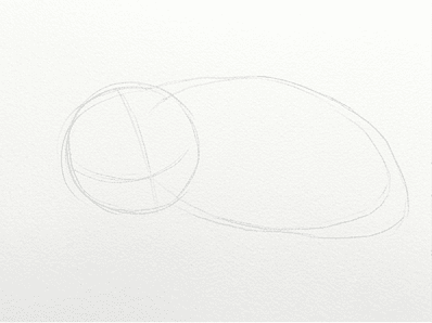 1st step of the how to draw a cat in watercolor tutorial: sketch body and head masses (pencil).