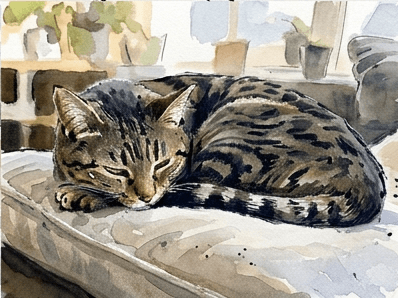 9th step of the how to draw a cat in watercolor tutorial: deepen shadows with ink accents.