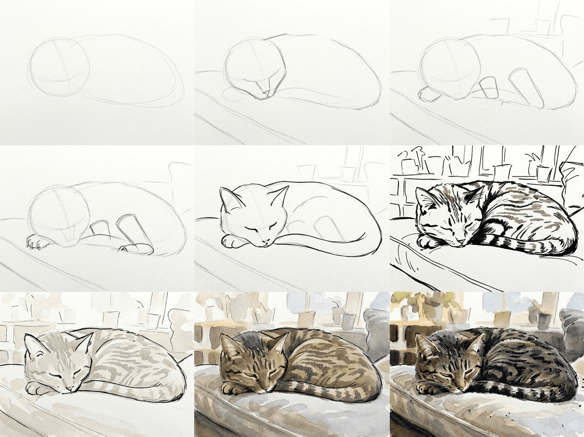 Loose ink and watercolor sketch of a tabby cat