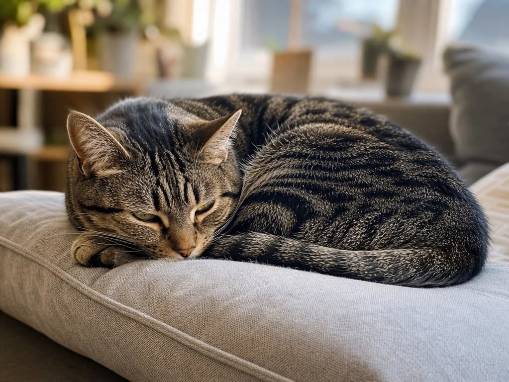 Photoreal reference photo of a short-haired tabby cat curled on a linen cushion in warm afternoon light.