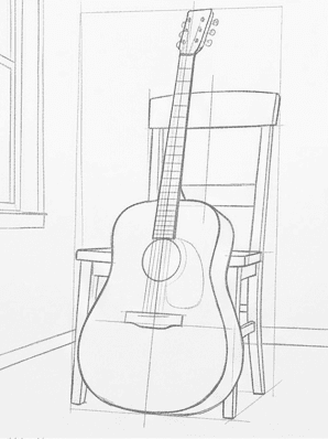 2nd step of the how to draw an acoustic guitar tutorial: block in axis and sub-shapes.