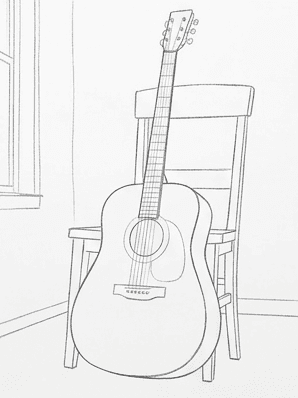 5th step of the how to draw an acoustic guitar tutorial: erase construction, clean outline.