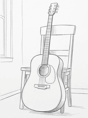 6th step of the how to draw an acoustic guitar tutorial: outline the shadow shapes.