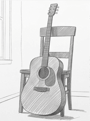 7th step of the how to draw an acoustic guitar tutorial: hatch the shadow shapes.