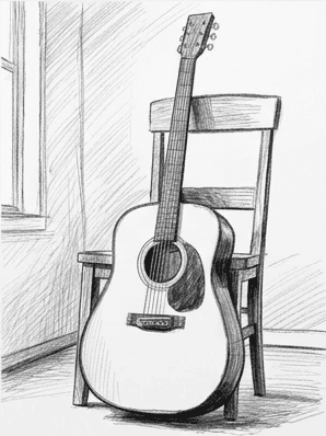 9th step of the how to draw an acoustic guitar tutorial: deepen darks and edges.