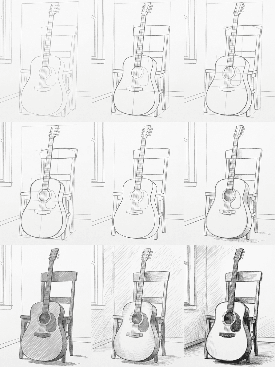 Pencil sketch tutorial of an acoustic guitar