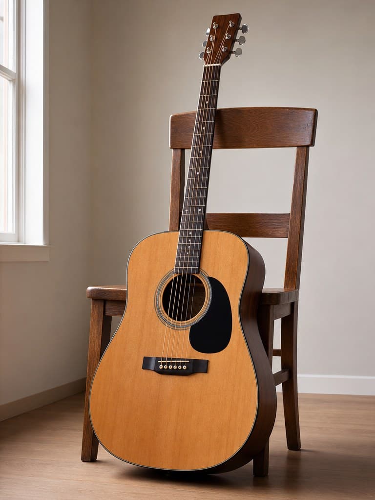 Reference photo of an acoustic guitar resting against a wooden chair in soft window light.