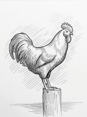 Inked rooster with parallel hatching along the breast and back and lighter hatching behind the body for depth