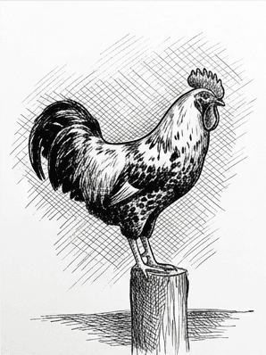 Finished black ink drawing of a rooster with cross-hatching, deep darks in the tail, and a grounded shadow