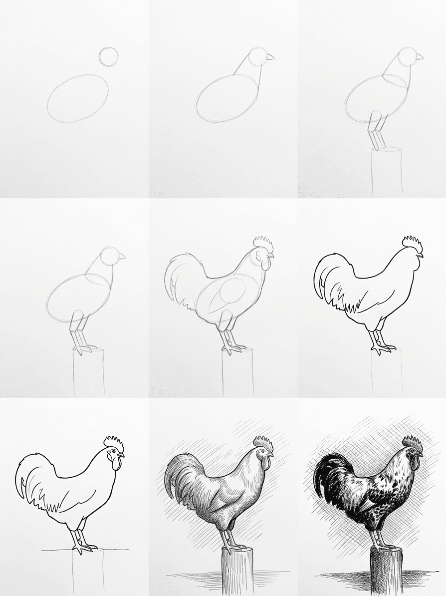 Black ink drawing tutorial of a rooster