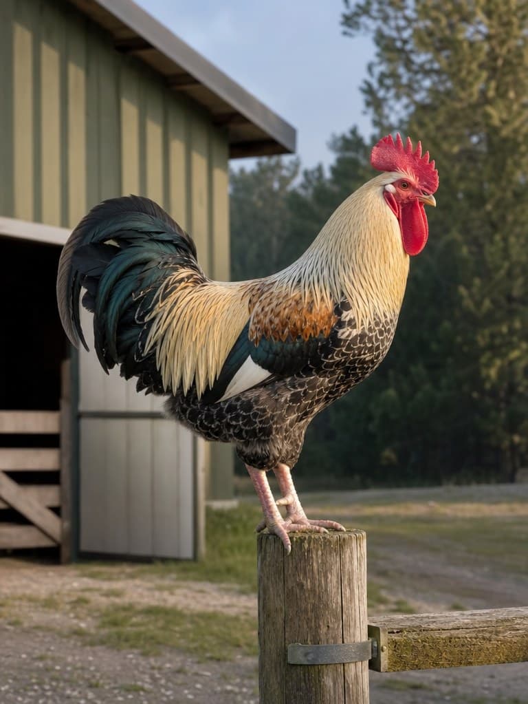 Side-view photo reference of an adult rooster on a wooden fence post with a tall red comb and curving tail feathers