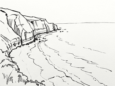6th step of the how to draw a coastal landscape tutorial: erase pencil, loose ink line.