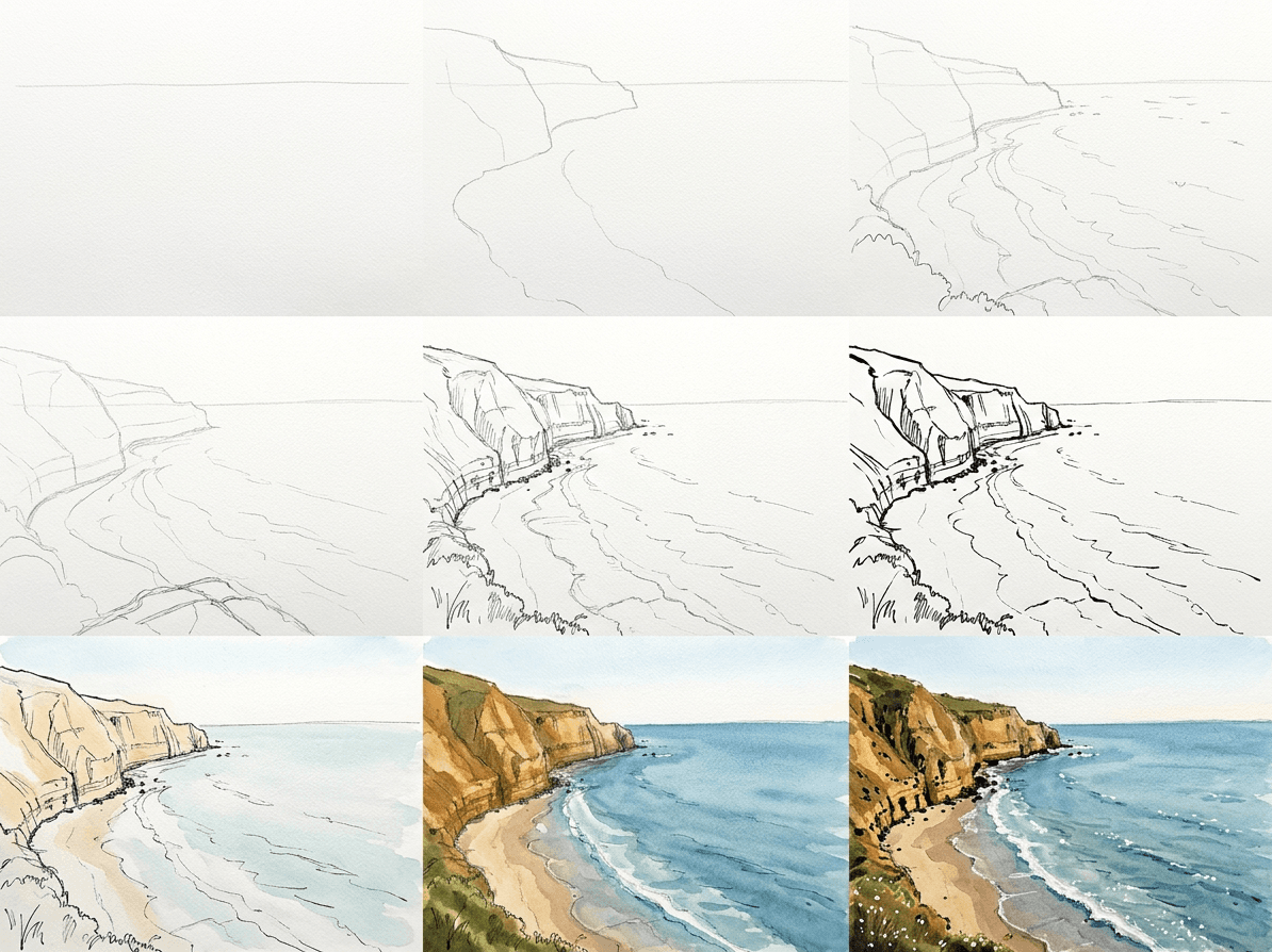 Loose ink and watercolor sketch of a coastal landscape