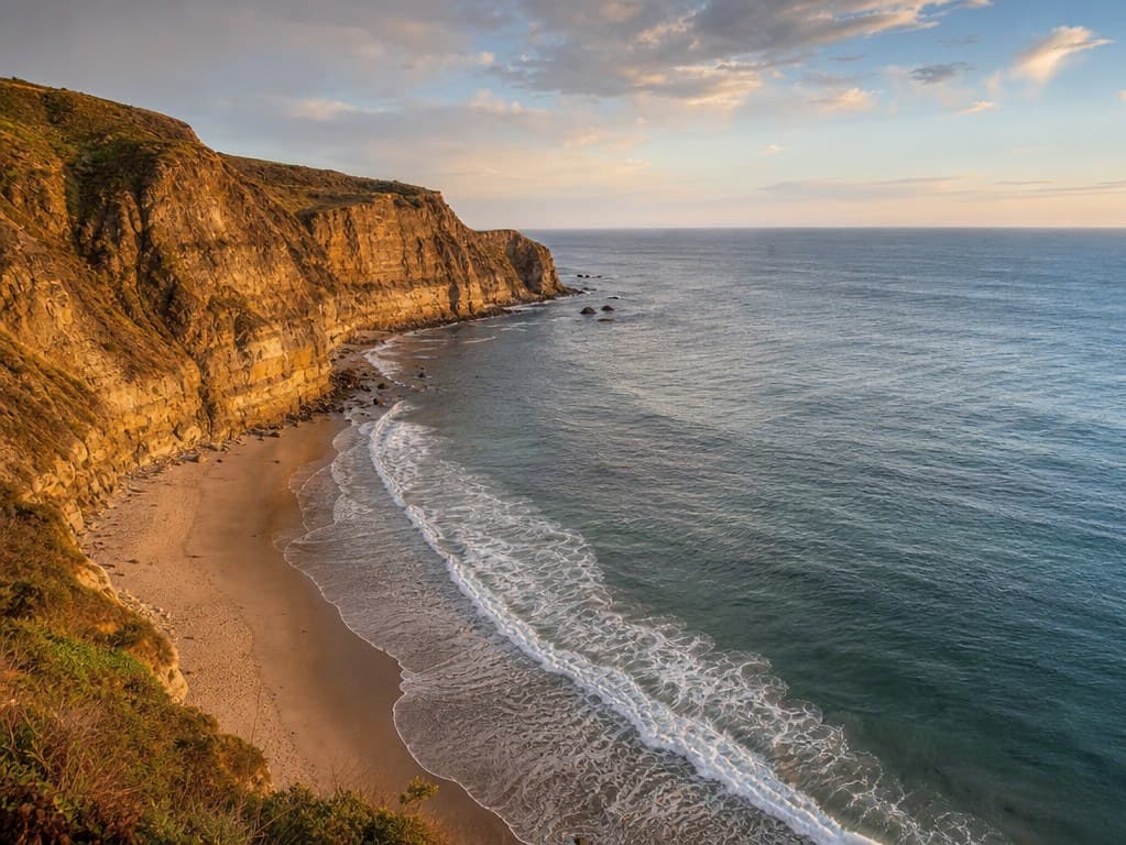 AI source photo of a sandy crescent beach with tall sea cliffs at golden hour, used as the reference for this tutorial.
