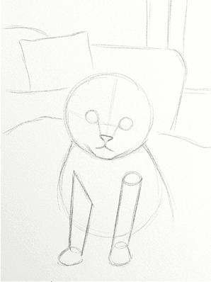 3rd step of the how to draw a kitten tutorial: add the front limbs.