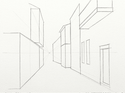 Stage 2: simple rectangular building masses blocked in on each side of the street.