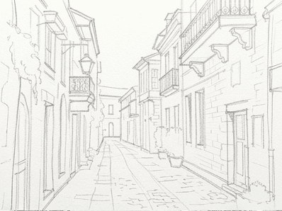 Stage 3: pencil perspective guidelines fanning out from the vanishing point across the building masses.