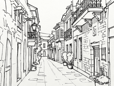 Stage 5: main contours inked over the faded pencil structure of the street scene.