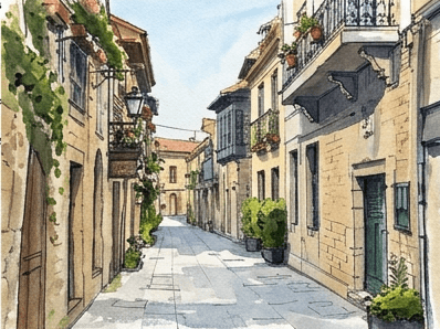 Stage 6: fine ink details added including windows, shutters, hanging plants, lamps, and cobble suggestions.