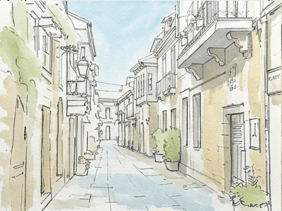 Stage 7: pale underpainting wash of warm color across the walls of the city street sketch.