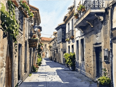 Stage 9: deepest shadow wash and final ink accents complete the city street sketch.