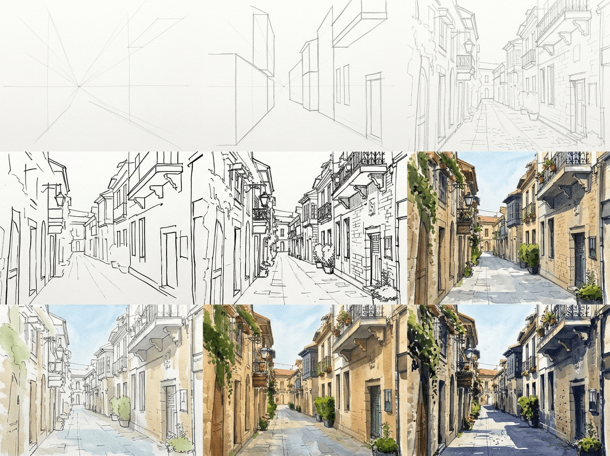 Loose ink and watercolor sketch of a European city street
