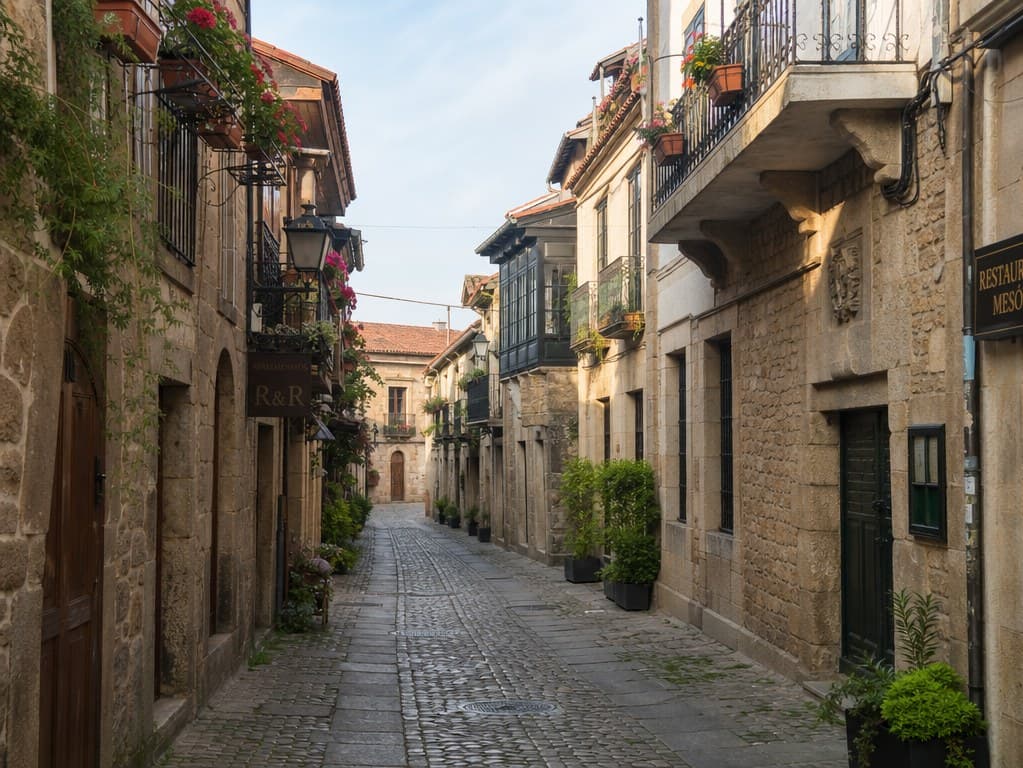 Photorealistic reference of a narrow European city street with stone townhouses and cobblestone pavement.