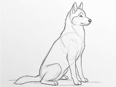 The husky now has almond shaped eyes with irises, a small triangular nose, and a ground line beneath the paws.