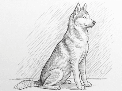 Directional graphite hatching now covers the shadow side of the husky's body and the underside of the chest.