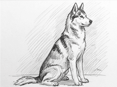 The finished husky drawing with dark saddle markings, a clear muzzle mask, and crisp pupils against pale fur.