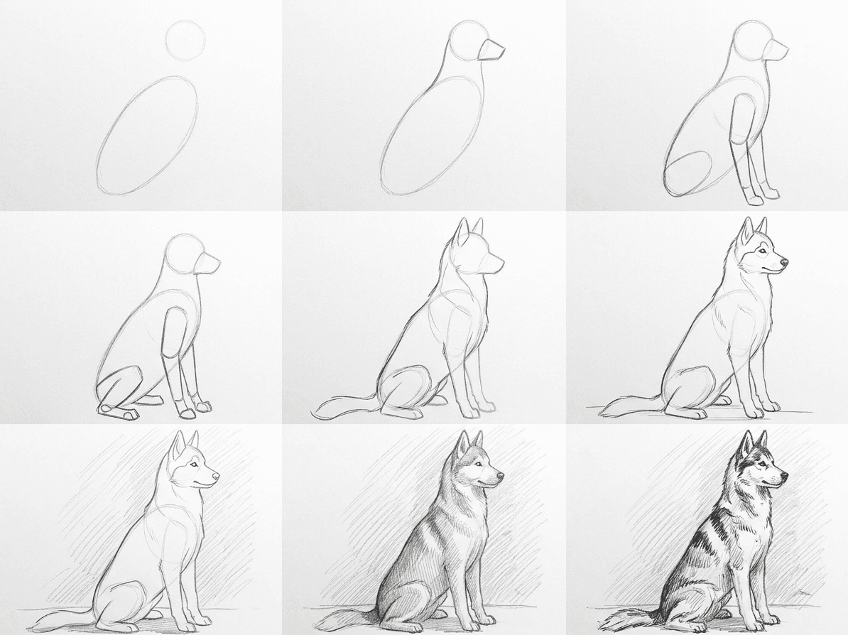 Pencil sketch tutorial of a Siberian husky