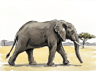 Stage nine showing the finished elephant with dark ink accents
