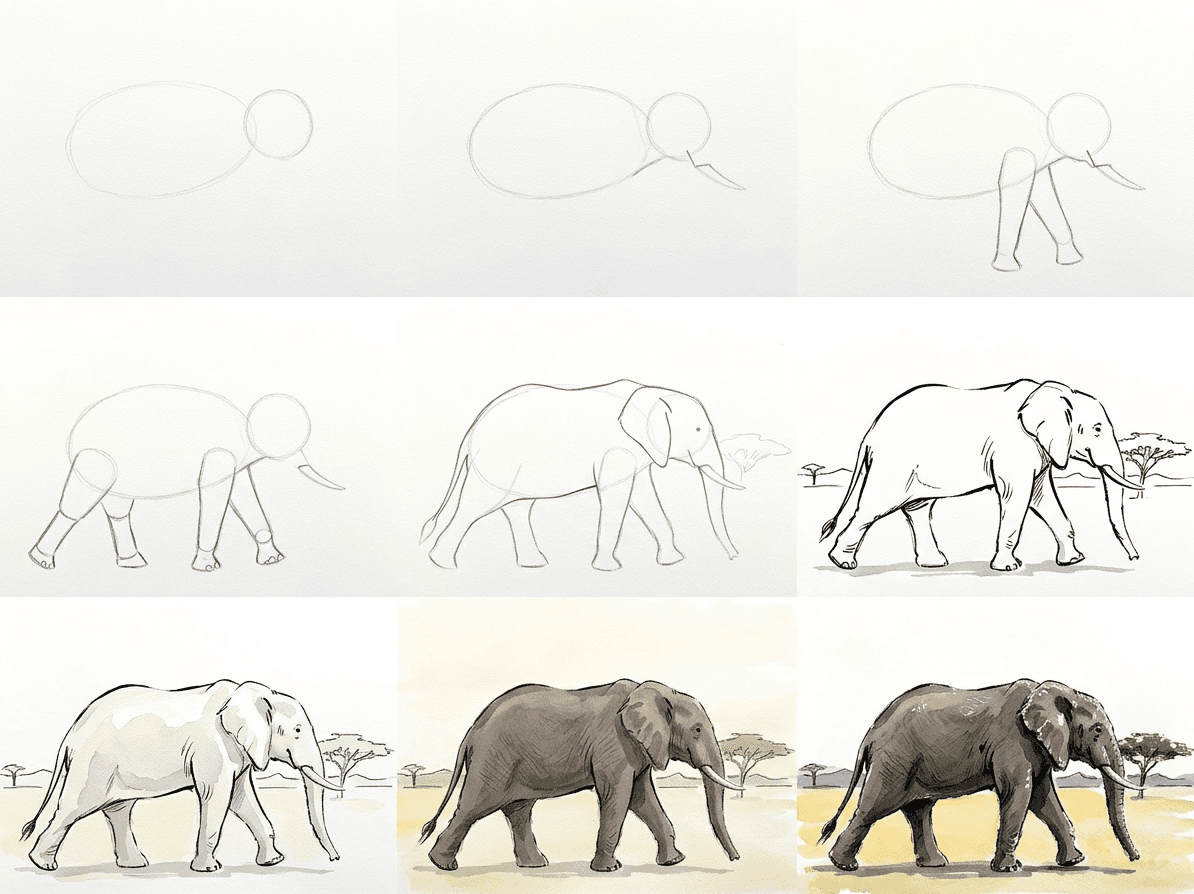 Loose ink and watercolor sketch of an African elephant